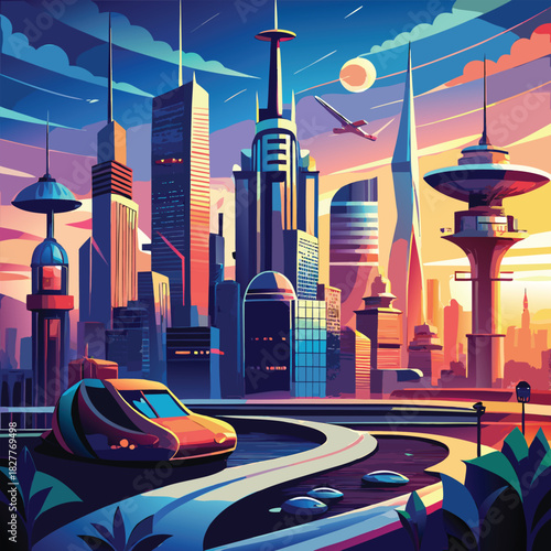 Futuristic city illustration with vehicle, buildings, and a beautiful sunset.