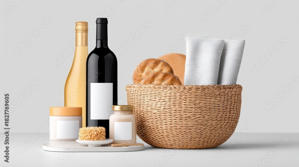 Naklejka premium Elegant display of assorted gourmet food items including wine bottles, jars of spreads, and baked goods in a rustic wicker basket on a simple background