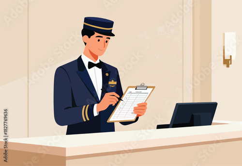 A hotel employee in uniform, wearing a hat and bow tie, at a counter, is looking at a clipboard