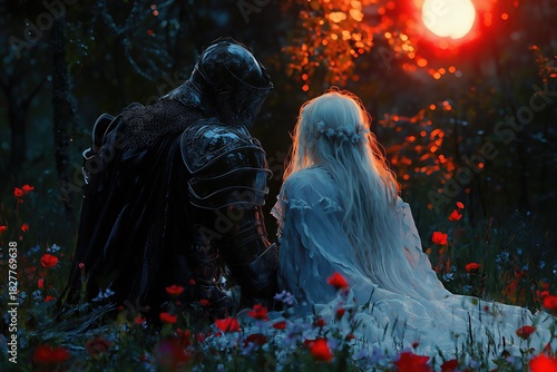 A knight in armor sits beside a woman in a light dress in a field of flowers at sunset.