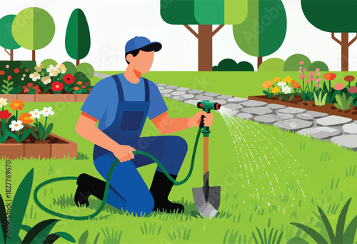 A person in blue overalls kneels, watering a lawn with a hose. Colorful flowerbeds and trees complete the scene
