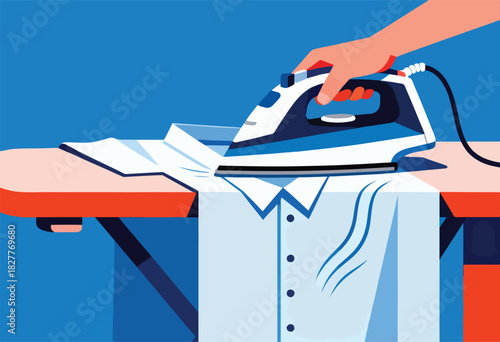Illustration of a blue iron being held by a hand over a white shirt on a red ironing board, on blue