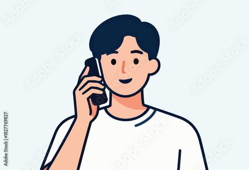 A man in a white tee holds a phone to his ear, smiling with dark hair against a light-blue backdrop