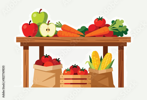 A simple illustration showcases a wooden market stand overflowing with various fresh produce. Carrots, apples, and tomatoes are on display