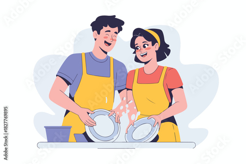 Vector illustration of a smiling couple doing dishes together, wearing aprons. It is colorful with soap bubbles