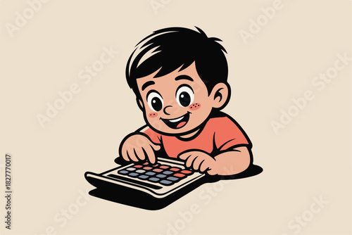 A happy boy, red shirt and black hair, is smiling, pushing calculator buttons. Beige background