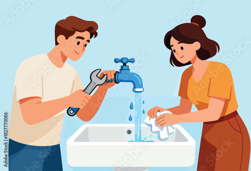 Cartoon depicts a man using a wrench on a faucet, and a woman wiping the sink with a cloth