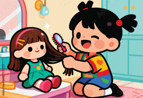 A happy child combs the hair of a doll in a cheerful, cartoon bathroom scene