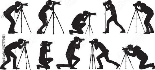 Silhouette of photographers in various poses with cameras and tripods