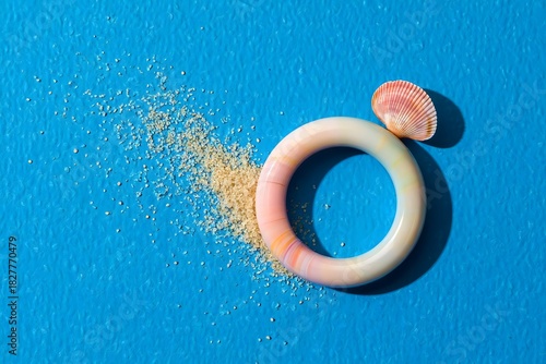 Abstract Still Life of Seashell, Bracelet, and Sand on Blue Background