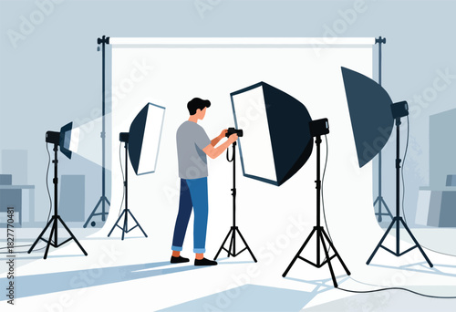 A photographer in a studio prepares for a shoot with various lighting equipment and a white backdrop