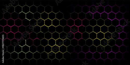 Dark hexagon abstract technology background with red colored bright flashes under hexagon. Hexagonal gaming vector