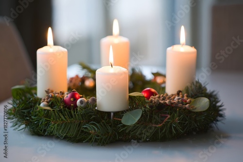 Advent Wreath with Five Burning Candles - Christmas Tradition