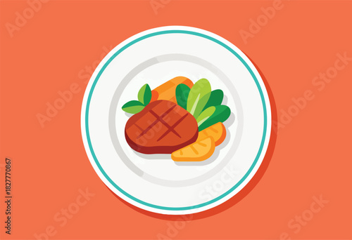 A stylized illustration of a meal on a white plate with teal rim. Features steak, veg, and sides. Orange background
