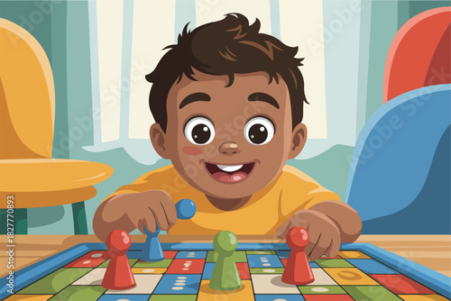 A cheerful boy is playing a board game. The cartoon image shows close-up, a happy child with playing pieces