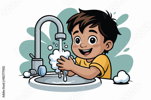 A smiling cartoon boy, in a yellow shirt, washes his hands under a faucet with soap bubbles