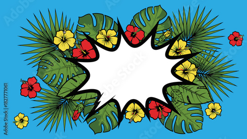 Vibrant vector tropical frame with exotic flowers and palm leaves on blue. Dynamic central starburst, ideal for summer promotions, holidays, or versatile EPS graphic designs