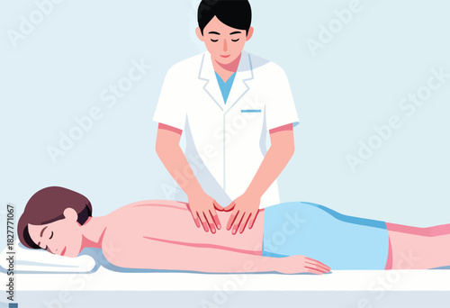 Illustration of a masseuse giving a back massage to a client lying on a massage table. Focused on relaxation