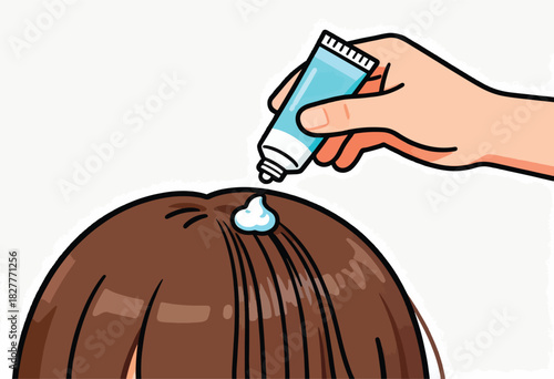 Cartoon depiction of cream being squeezed from a tube onto brown hair. The hand is applying cream