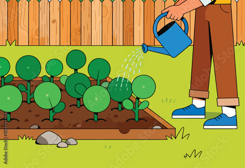 A cartoon depicts a person watering a garden with round plants, a wooden fence, and blue shoes