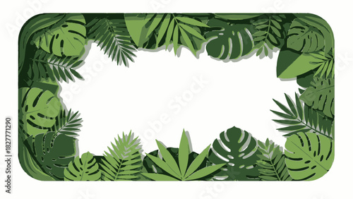 Lush green tropical jungle foliage creating a rectangular border, a modern paper cut style vector illustration