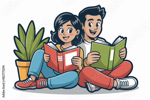Cartoon couple reading books, smiling, with a plant in a pot, all on a simple white background