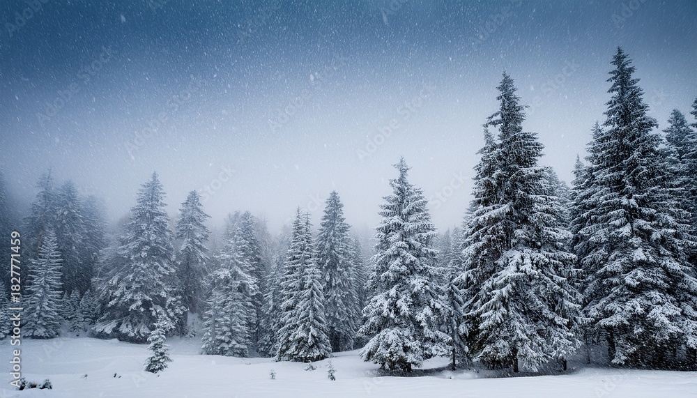 Naklejka premium Snow Falling On Snow Covered Evergreen Trees In A Misty Forest Snowfall Winter