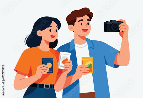 A cheerful couple, holding snacks and camera, ready for a photo. Flat illustration