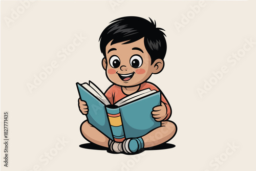 A cartoon child, cross-legged, smiles while reading a book. Vibrant illustration features a cheerful boy and a blue book