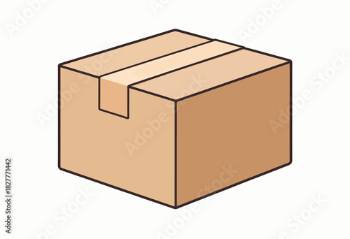 Cartoon illustration of a closed, brown cardboard box, secured with tape, viewed at an angle against white background