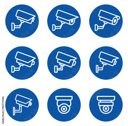 Surveillance Camera Icons in Blue Circle Backgrounds for Security Themes