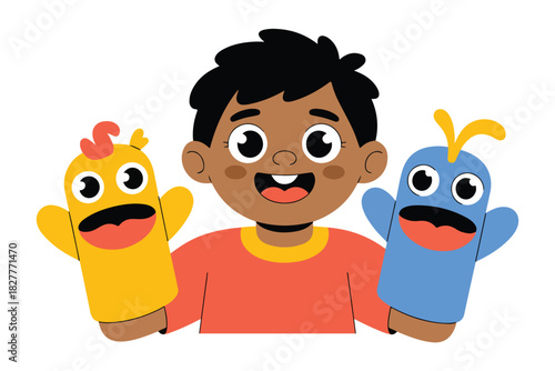 Illustration of a smiling child with two puppet toys, yellow and blue, on white background