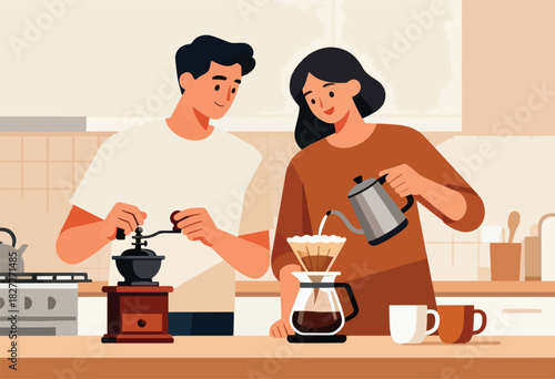 A couple brews coffee. Man grinds beans, woman pours water into a filter. Kitchen scene with coffee cups