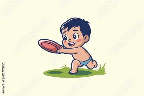 Cartoon of a joyful child running on grass, playfully throwing a red frisbee, in a sunny scene
