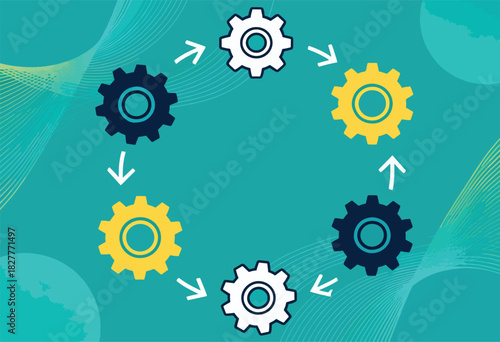 A circular illustration of gears with arrows indicates a cyclical process on a teal background