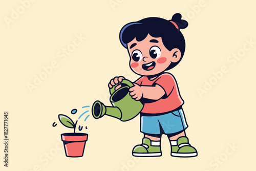 Cartoon child watering a small plant in a red pot with a green watering can. Cheerful and sunny vibe