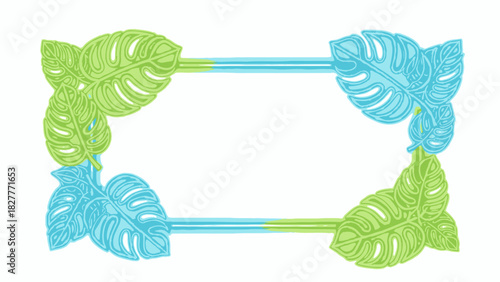 Tropical leaves frame vector illustration, lush green and blue foliage design for invitations or cards