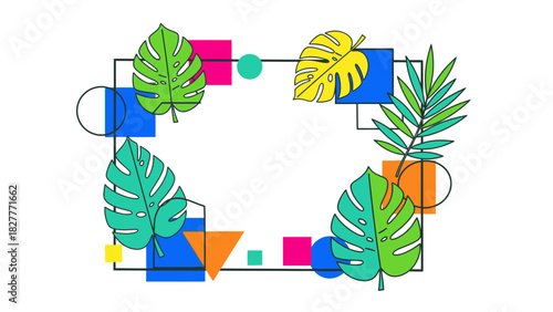 Abstract vector frame with tropical monstera and palm leaves combined with colorful geometric shapes for a modern summer design