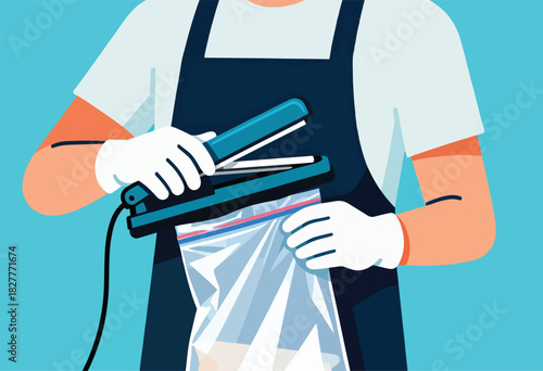 A person in an apron and gloves seals a plastic bag with a heat sealer. Blue and orange tones