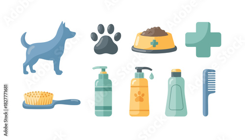 Collection of illustrated dog care items including a dog, paw print, food bowl, and grooming supplies.