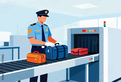 A security officer examines luggage at an airport security checkpoint. Suitcases are on a conveyor belt going through the x-ray machine