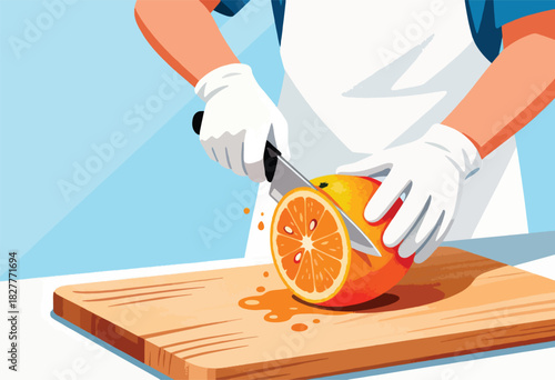 An illustration shows hands in gloves slicing an orange on a wood cutting board, half-cut, with juice droplets