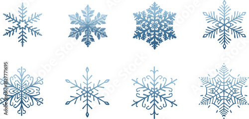 Eight unique blue snowflake designs with intricate patterns on a white background, perfect for winter and holiday themes.