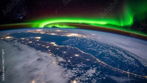 Earth's nightside view, illuminated cities beneath a vibrant green aurora borealis