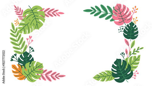 Vibrant tropical foliage vector illustration with green and pink leaves forming decorative corners