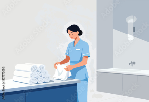A person in blue scrubs is folding a towel, alongside a stack of rolled white towels. A minimal bathroom is the backdrop