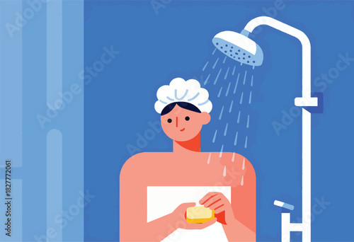 A person in a shower, wearing a shower cap, holding soap. Simple illustration with a blue background