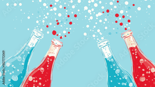 Colorful soda bottles bursting with bubbles in playful sketch vector art