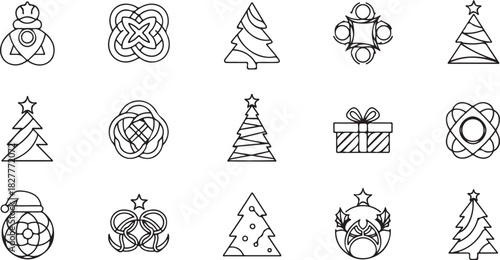 Collection of black and white line art icons featuring various Christmas trees, abstract geometric shapes, and festive elements on a white background.