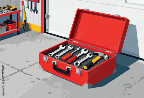 An open red toolbox filled with tools, like wrenches and screwdrivers, sits in a garage setting
